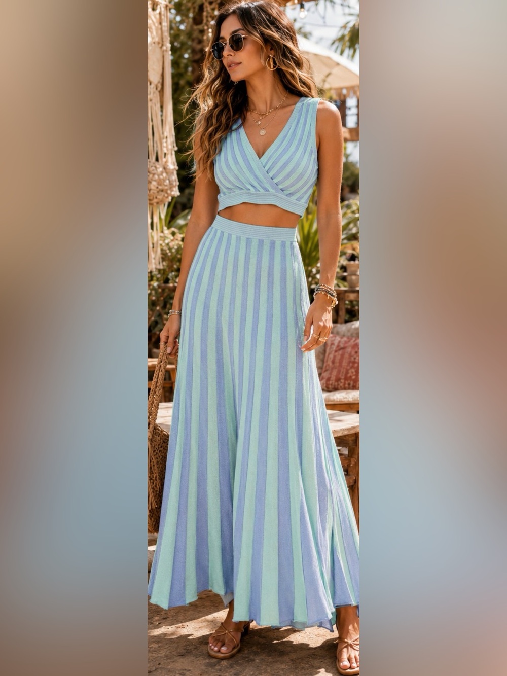 House of Harlow 1960 Blue and Mint Striped Maxi Dress Set
